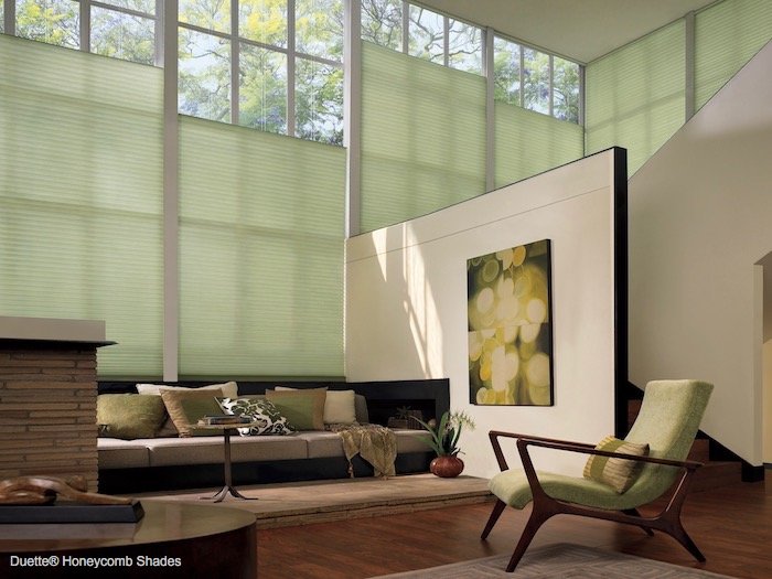 A living room decorated in shades of green. Shown with Duette Honeycomb Shades; available at F & R Blinds, Inc in Los Angeles