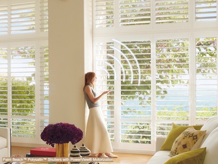 Palm Beach Shutters in a living room. Available at F & R Blinds, Inc in Los Angeles