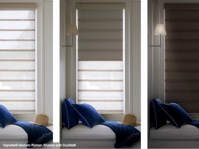 Vignette Modern Roman Shades with Duolite in a bedroom. Available at F & R Blinds, Inc in Los Angeles