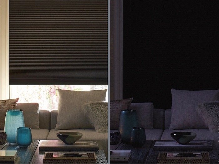 Duette Shades with LockLight, shown both open and closed. Available at F & R Blinds, Inc in Los Angeles